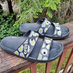 CROCS Women's Daisy Print Black Double Strap Birkenstock Style Slide Sandals